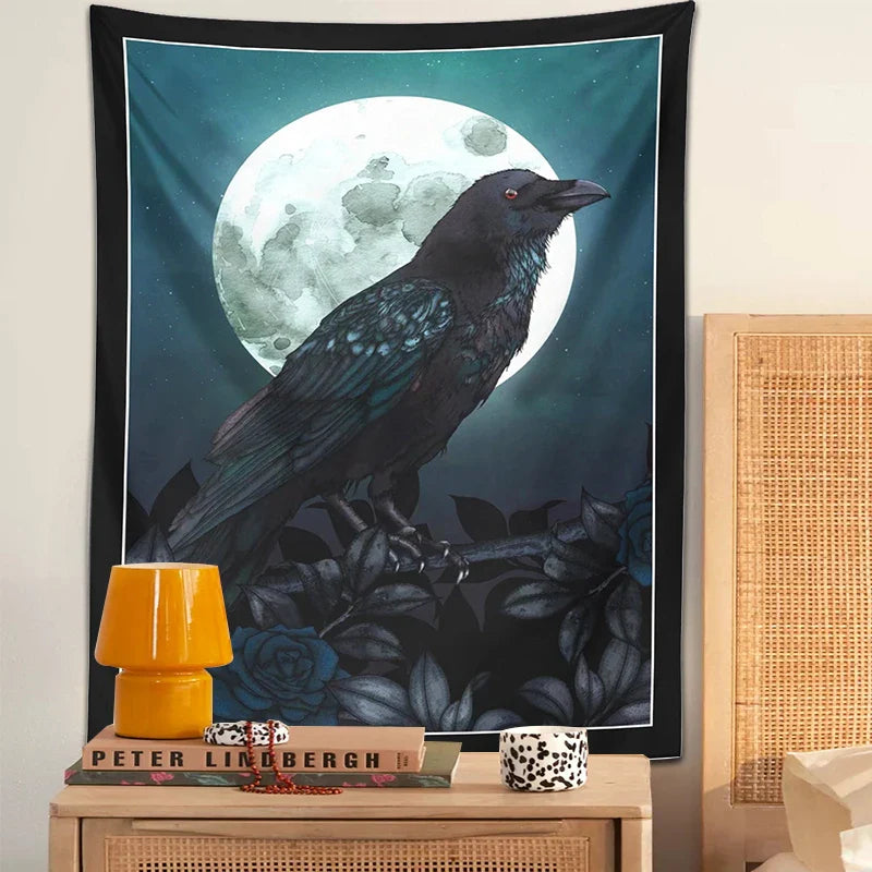 Afralia™ Raven & Moon Gothic Tapestry Wall Hanging for Dark Rose Bird Lover Room