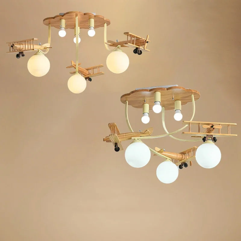 Afralia™ Airplane LED Wooden Plane Chandelier for Kids Room, Boys Bedroom, Creative Lighting