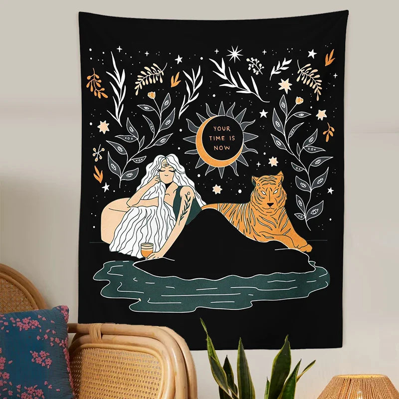 Afralia™ Tiger Woman Tapestry Wall Hanging Psychedelic Starry Sky Wall Decor