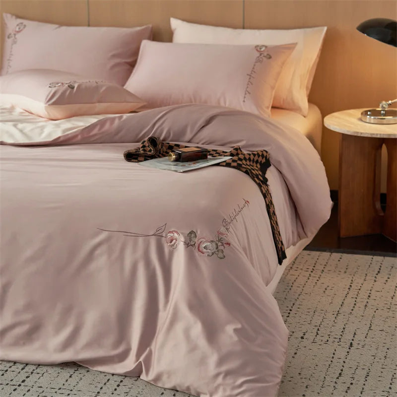 Afralia™ Luxury 100S Long Staple Cotton Embroidery Bedding Set, Ultra Soft Solid Duvet Cover, Double King Size