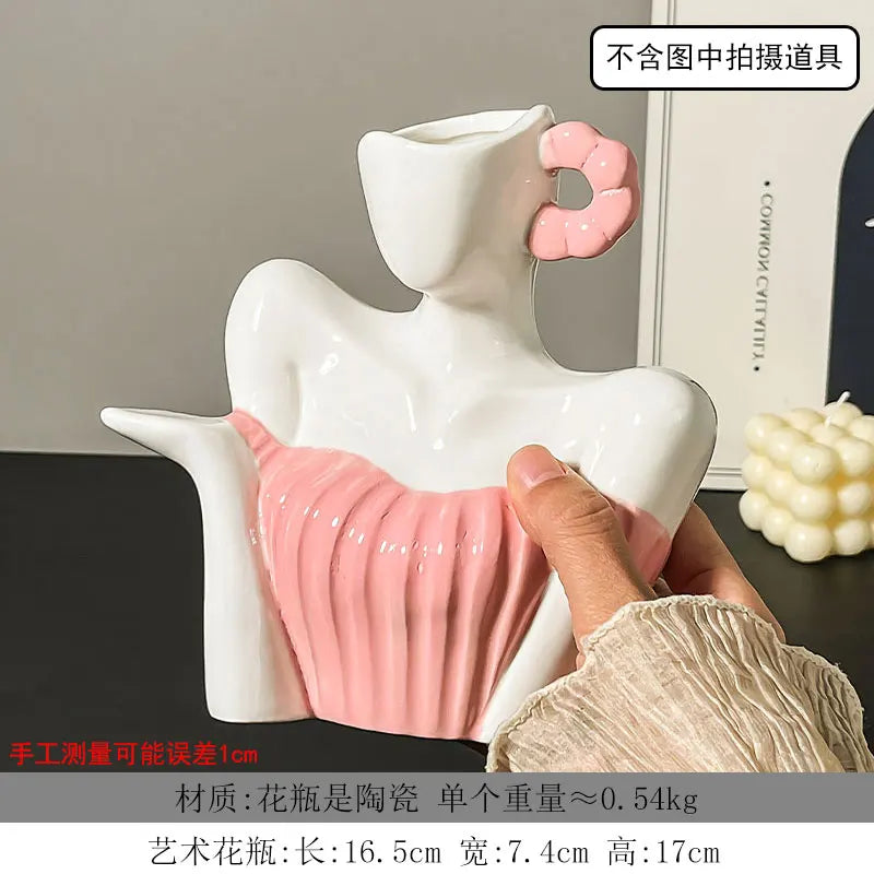Afralia™ Woman Statue Ceramic Vase Home Decor Flower Arrangement Accessory