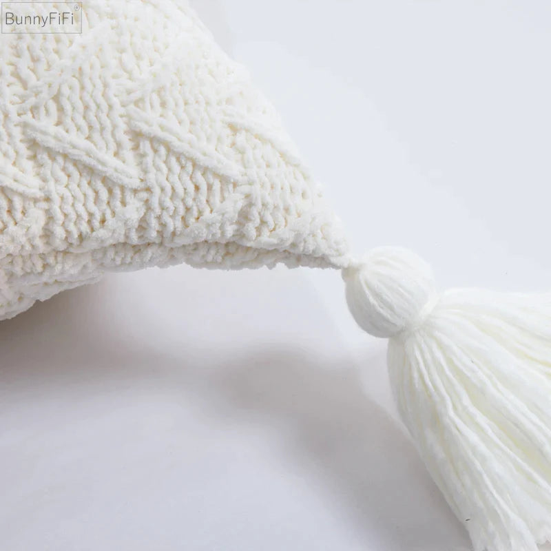 Afralia™ Soft Knit Tassel Pillow Cover 45x45cm Solid Pink Grey Cream for Home Decoration