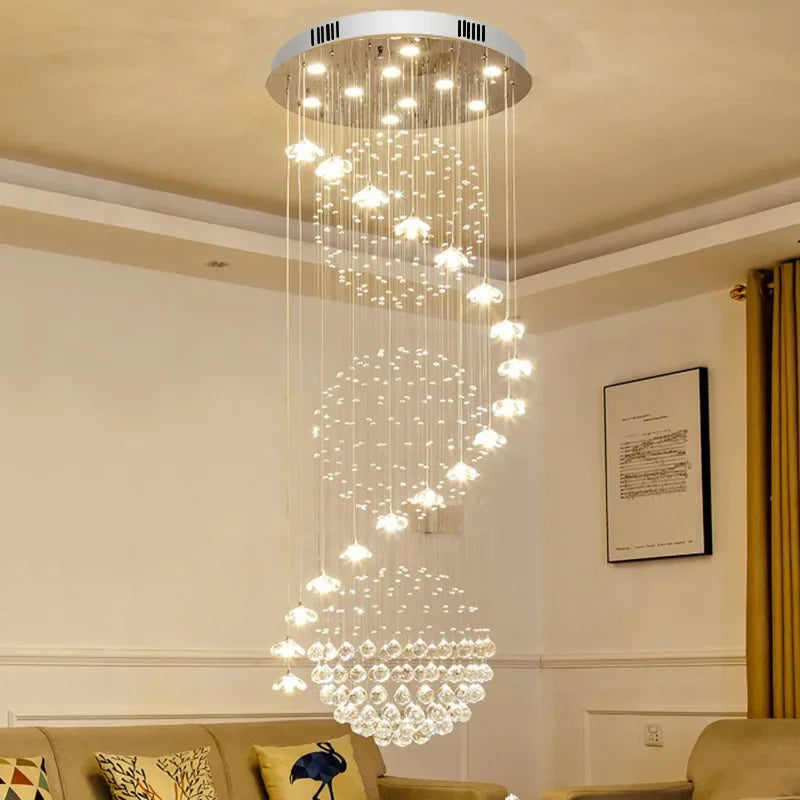 Afralia™ Elegant Crystal Chandeliers for High Ceiling Living Room Foyer Staircase Lighting