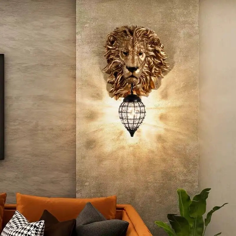 Afralia™ Lion Head Resin Wall Lamp: European Style Living Room Light for Home Décor