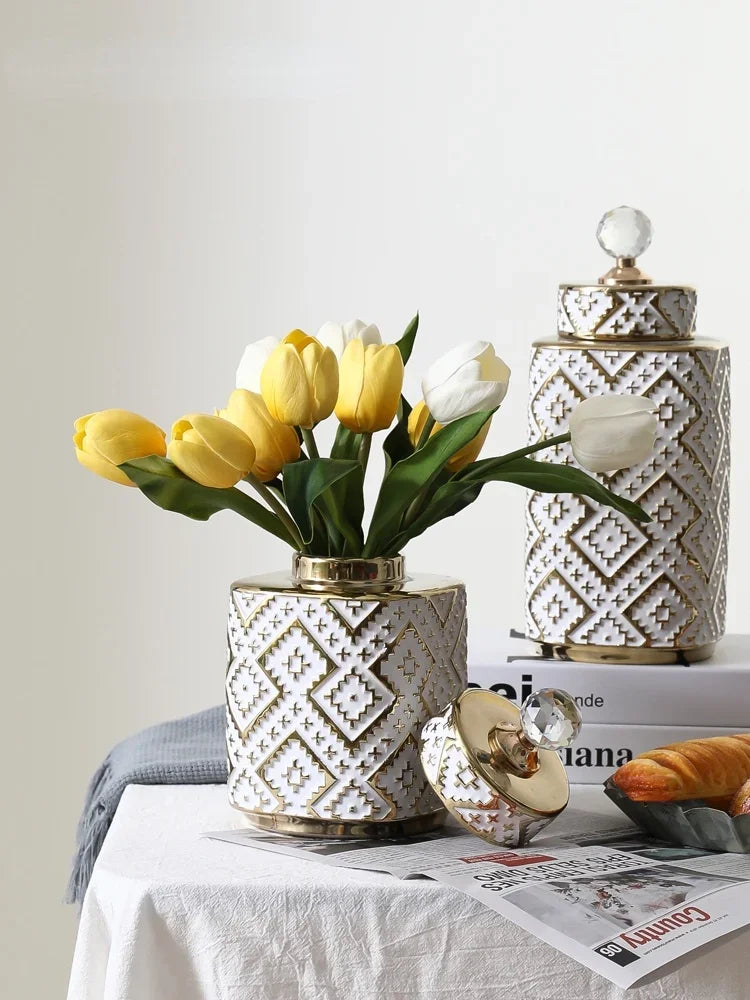 Afralia™ Geometric Golden Relief Decorative Jar - Ceramic Crystal Vase Storage Jar