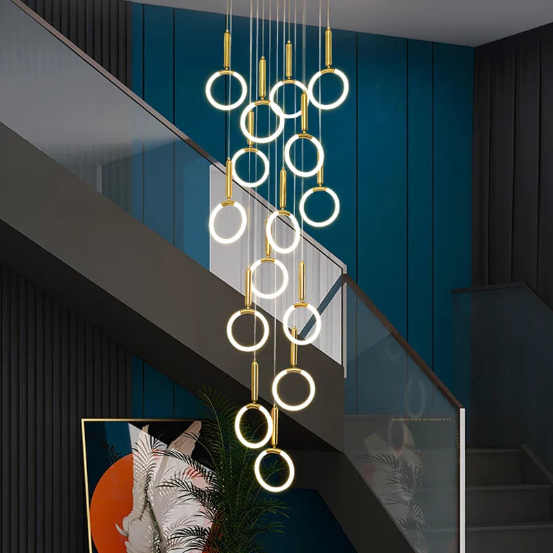 Afralia™ Modern Golden Round Acrylic Chandelier for Duplex Living Room, Kitchen, Staircase.