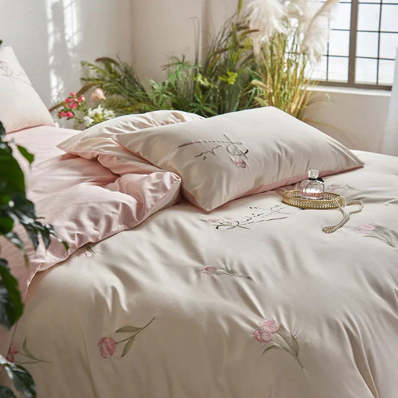 Afralia™ Luxury 100S Long Staple Cotton Embroidery Bedding Set, Ultra Soft Solid Duvet Cover, Double King Size