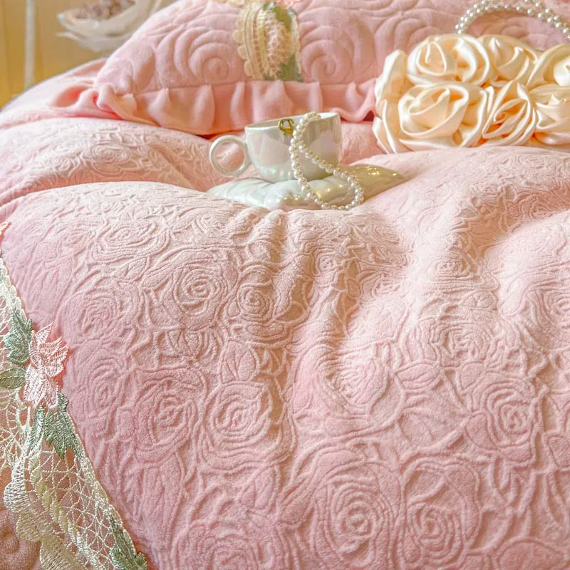 Afralia™ Pink Flowers Lace Ruffles Princess Velvet Bedding Set