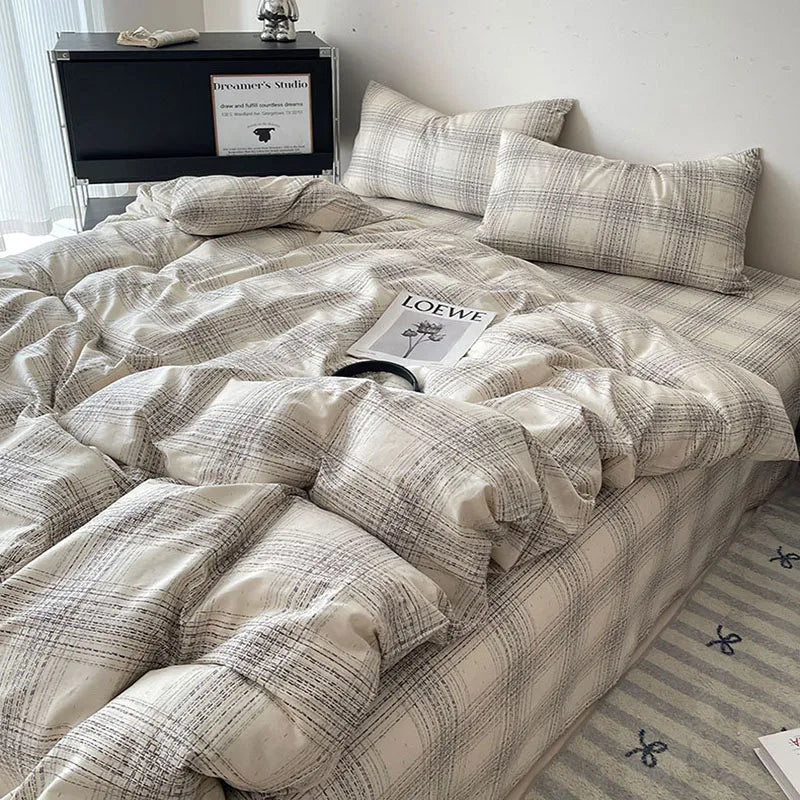 Afralia™ Natural Cotton Grid Duvet Cover - Twin Double Size