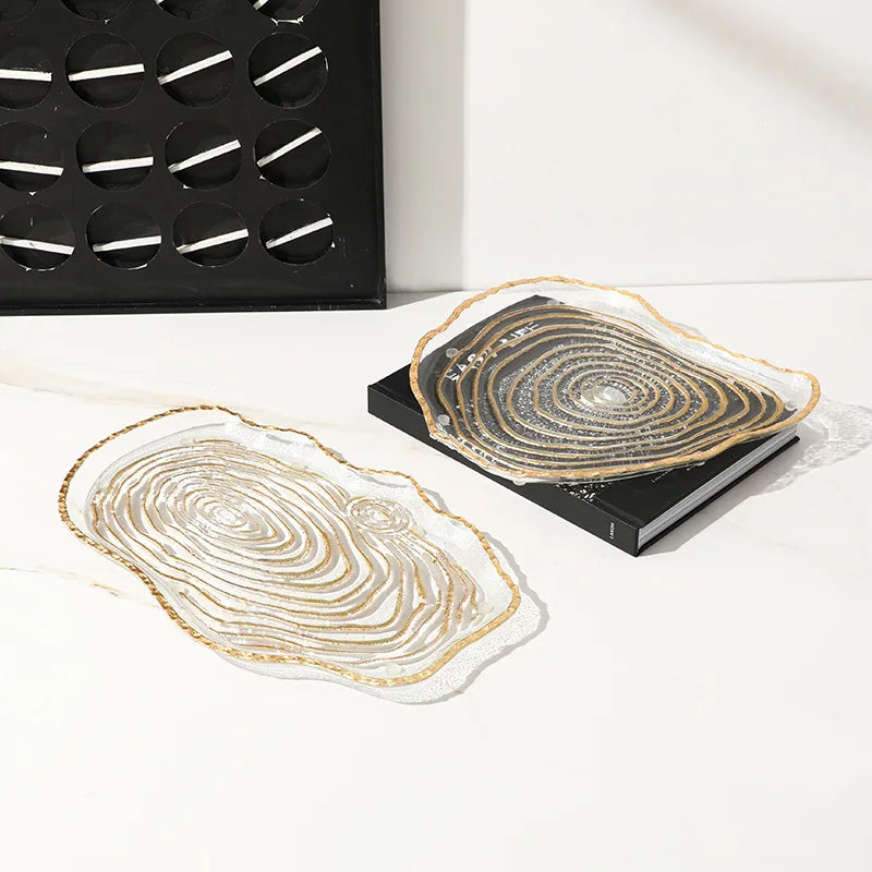 Afralia™ Gold Foil Glass Tray Geometric Fruit Plate Home Decor Accessory
