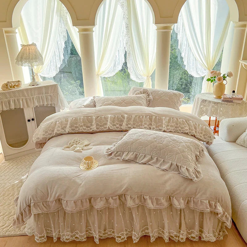 Afralia™ Velvet Princess Lace Ruffles Bedding Set - 4pcs Luxury Solid Color