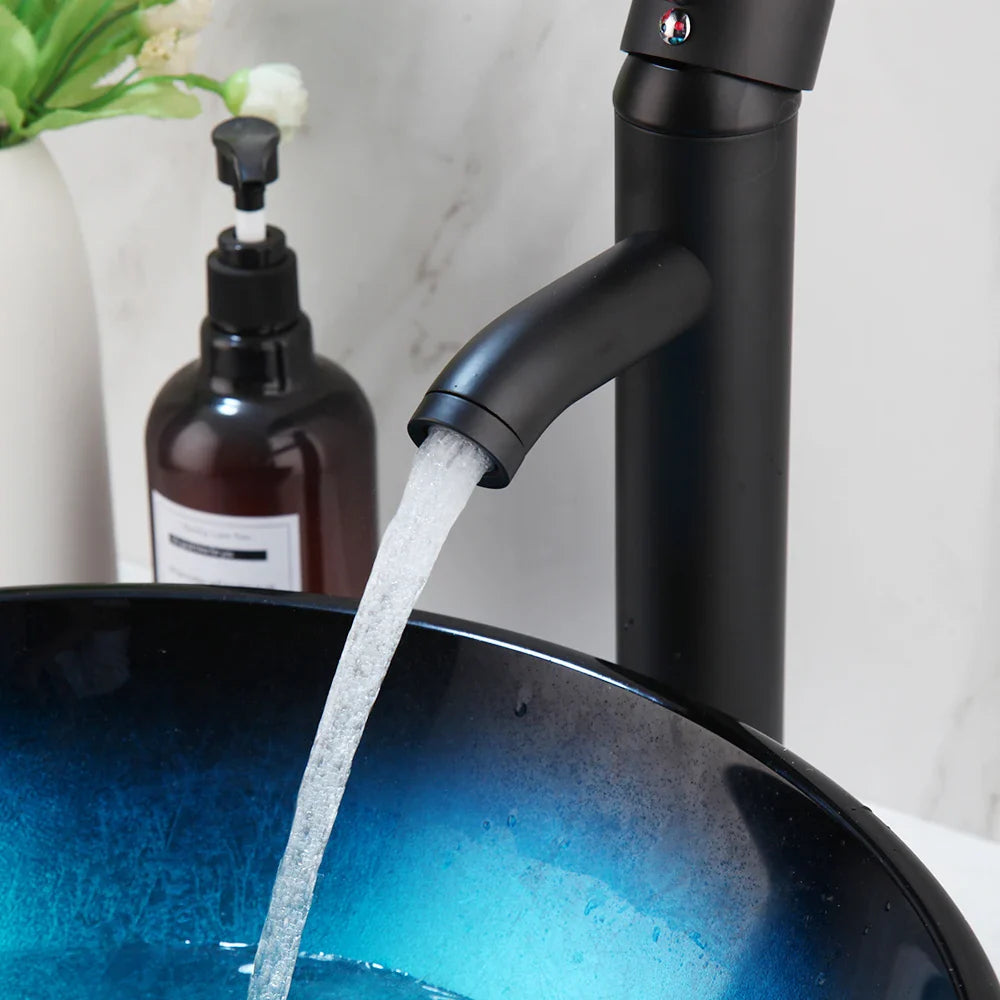 Afralia™ Bule Glass Sink Set with Matte Black Mixer Faucet Tap and Pop Drain