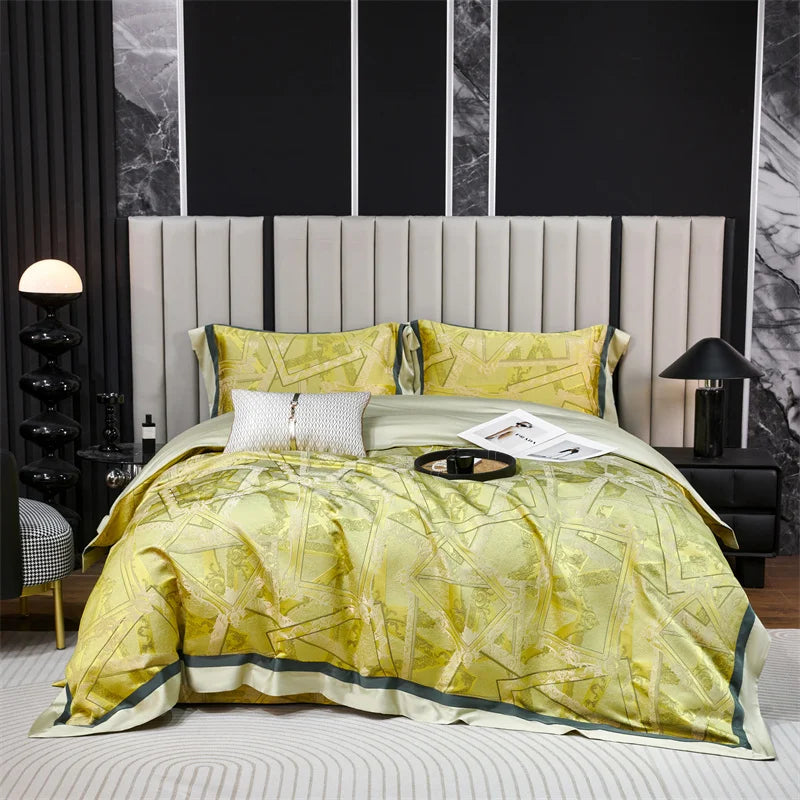 Afralia™ Luxury Jacquard Yellow Champagne Bedding Set with Satin Finish - 4-Piece