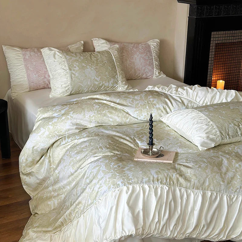 Afralia™ Luxe Satin Cotton Duvet Cover Set with Sheets & Lace Pillowcase