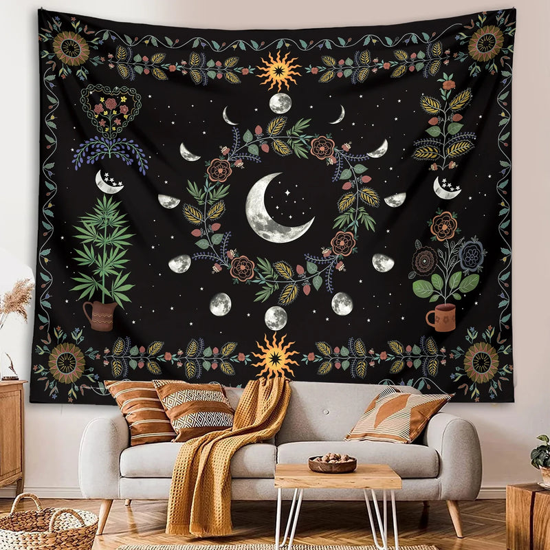 Afralia™ Celestial Moon Phase Floral Tapestry Wall Hanging