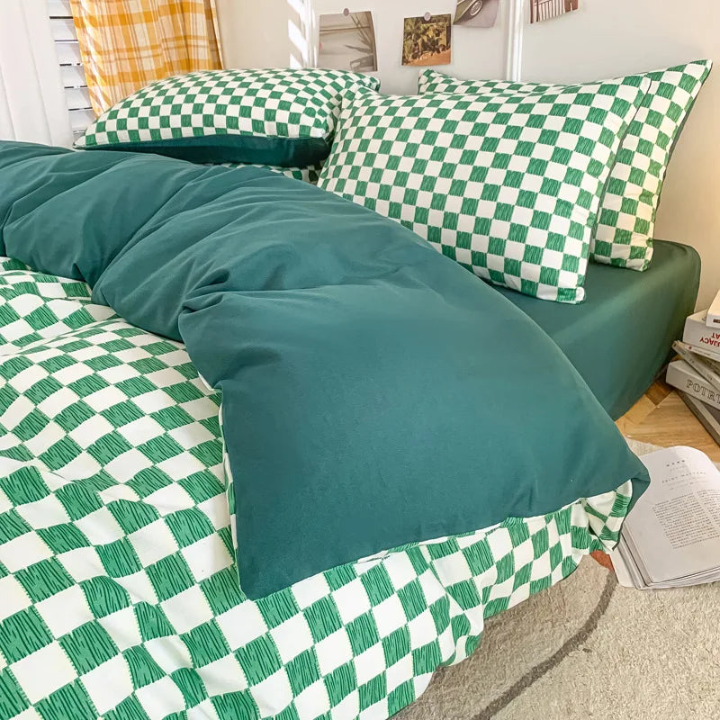 Afralia™ Nordic Checkerboard Pattern Washed Cotton Bedding Set for All-Season Comfort