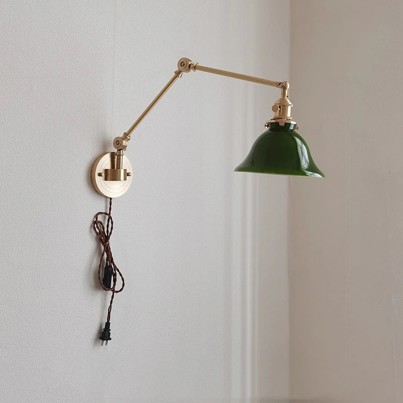 Afralia™ Swing Arm Copper Wall Lamp with Green White Lampshade, Nordic Modern Wandlamp