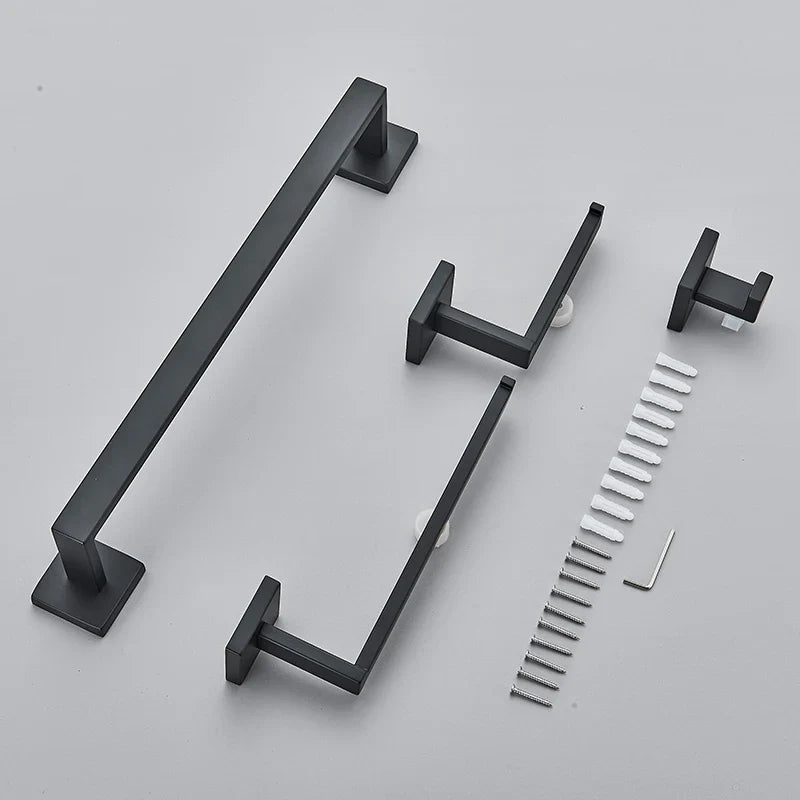 Afralia™ Black Bathroom Set: Towel Holder, Paper Holder, Gold Rod, Robe Hook - Stainless Steel Accessories