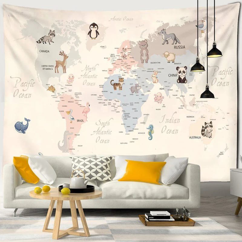 Afralia™ Cartoon Animals Map Tapestry Wall Hanging for Cute Children's Room Decor
