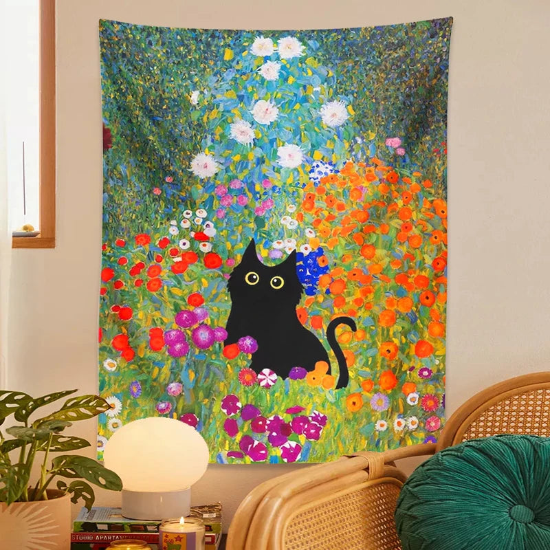 Afralia™ Garden Cat Tapestry Wall Hanging - Psychedelic Bohemia Room Art Home Decor