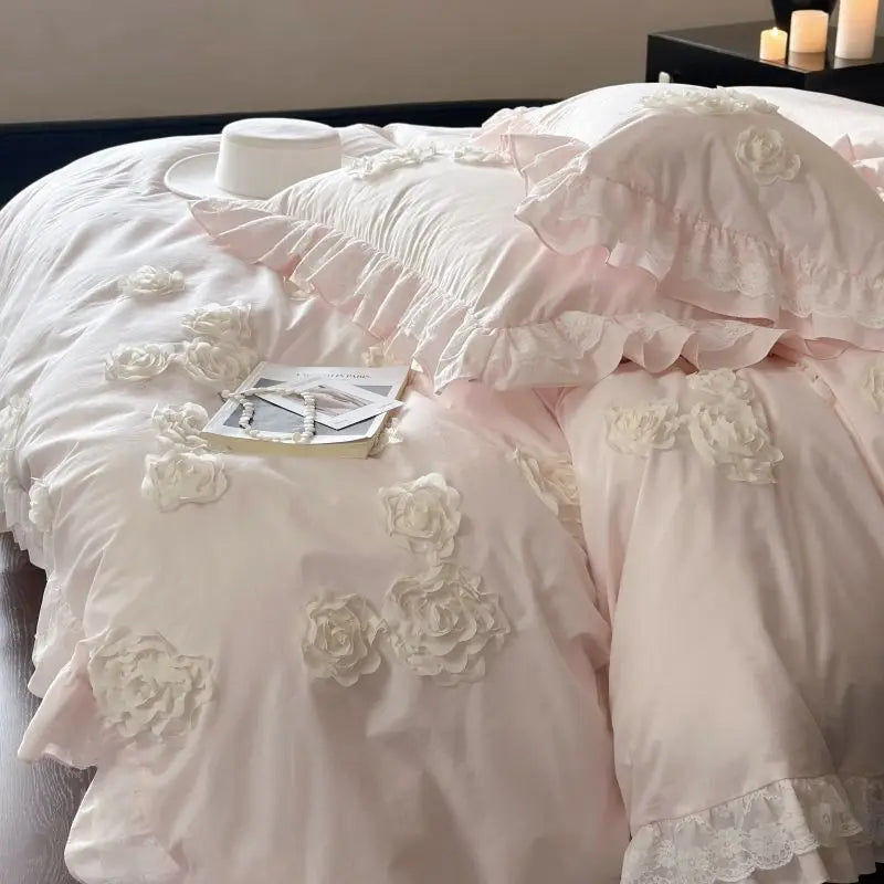 Afralia™ Pink Flowers Ruffles Princess Wedding Bedding Set - Soft Washed Cotton