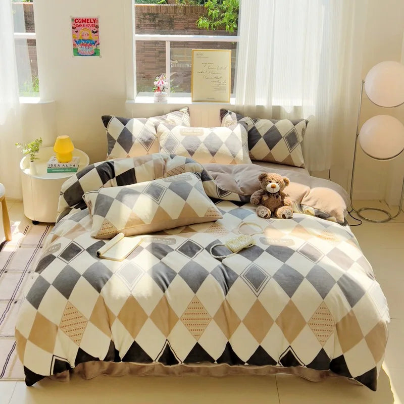 Afralia™ Snowflake Velvet Cute Cartoon Flower Bedding Set for Single Queen