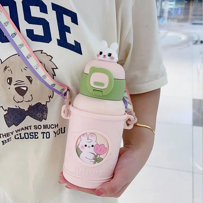 Afralia™ Cute Animals Thermos Bottle with Silicone Straw, Leak-Proof Vacuum Flask
