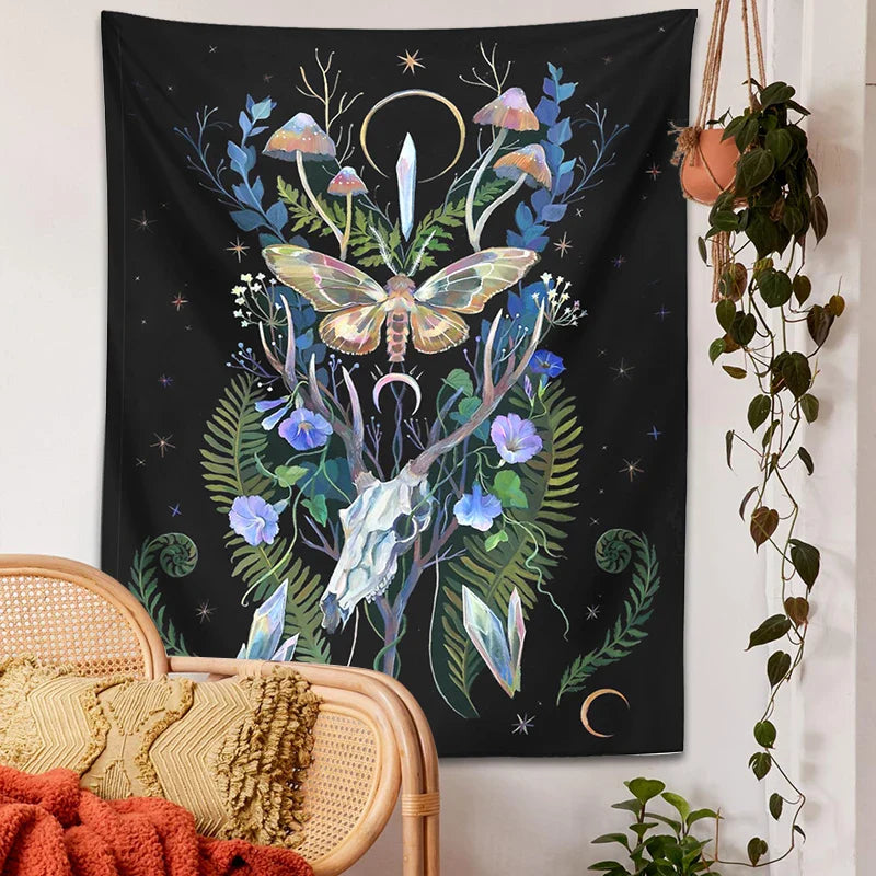 Afralia™ Deer Skull Mushroom Moon Wall Hanging Psychedelic Tapestry Witchcraft Decor