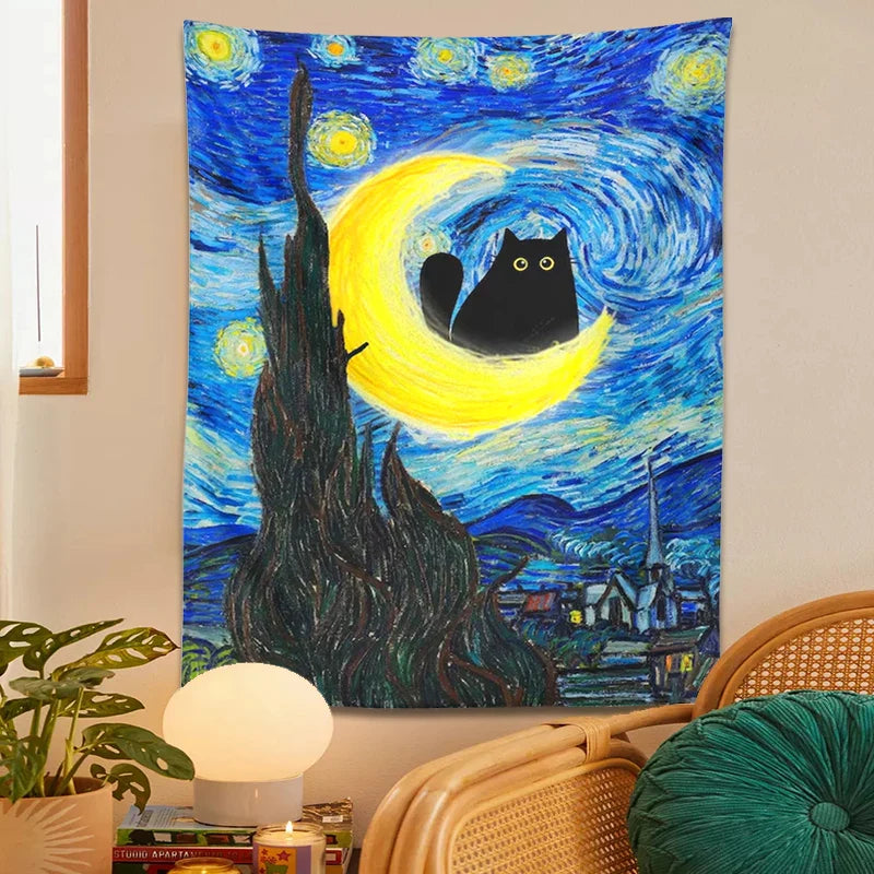 Afralia™ Starry Night Cat Tapestry Moon Cat Art Blanket Wall Hanging