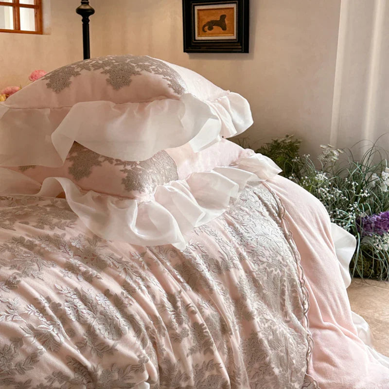 Afralia™ French Lace Ruffles Princess Bedding Set with Warm Milk Velvet Duvet Cover