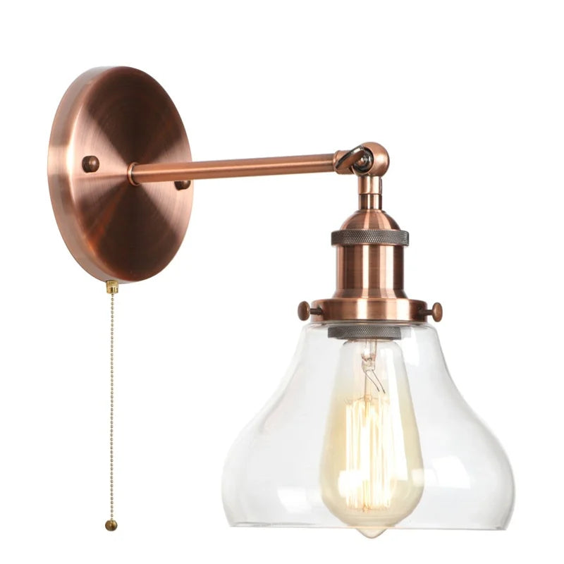 Afralia™ Red Bronze LED Wall Lamp with Pull Chain Switch and Clear Glass