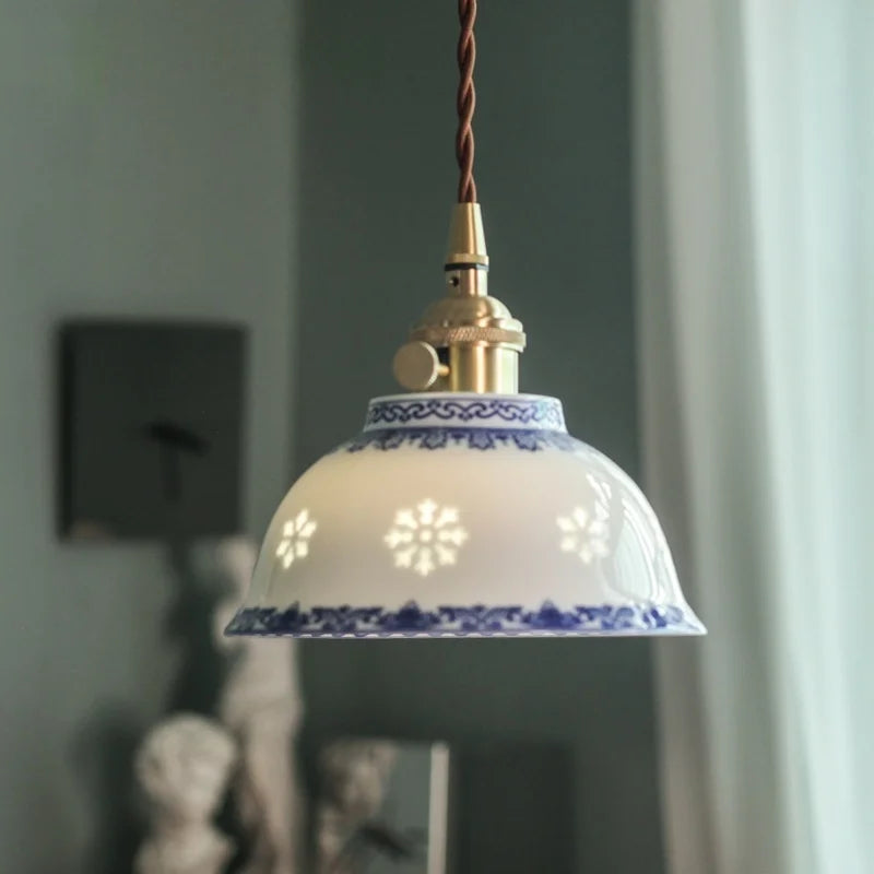 Afralia™ Patterned Ceramic LED Pendant Lamps Vintage Copper Hanging Light for Dining Living Room