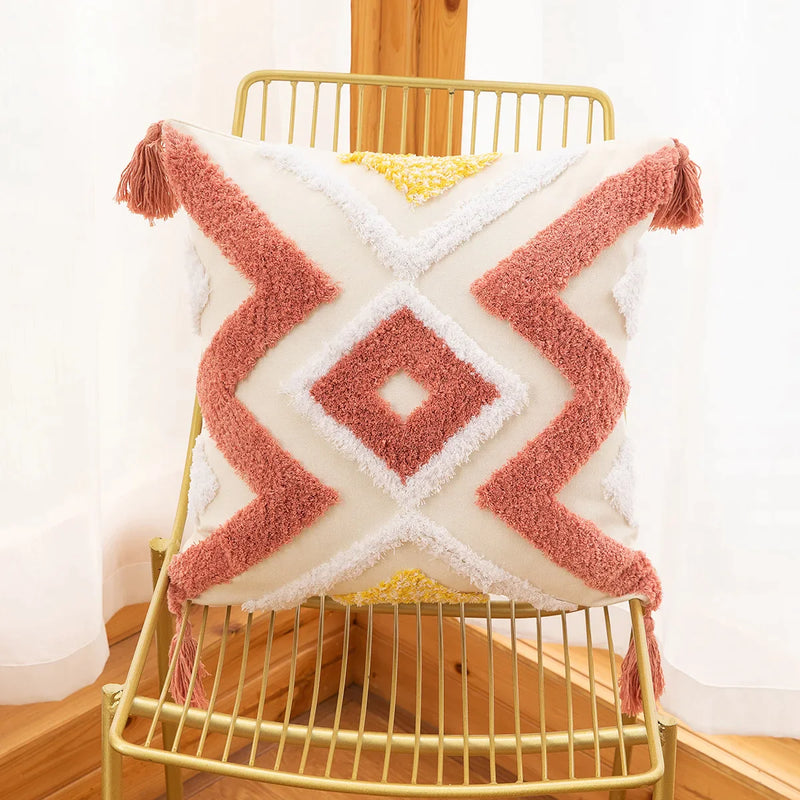 Afralia™ Geometric Tufted Embroidery Flowers Boho Cushion Cover with Tassel