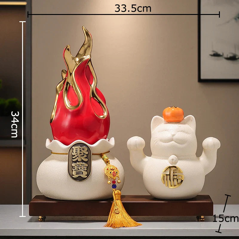 Afralia™ Gilded Pitaya Cat Ceramic Feng Shui Ornament Landscaping Decoration