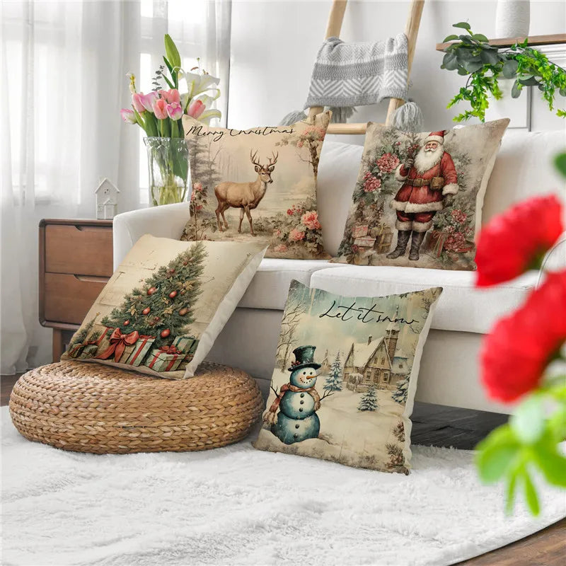 Afralia™ Christmas Snowman Deer Pillowcase Xmas Home Decoration Sofa Cushion Cover