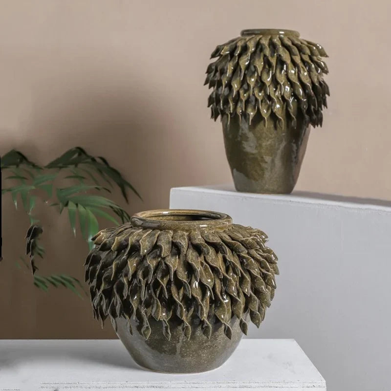 Afralia™ Leaf Relief Ceramic Vase: Hand-made 3D Floral Arrangement Pot