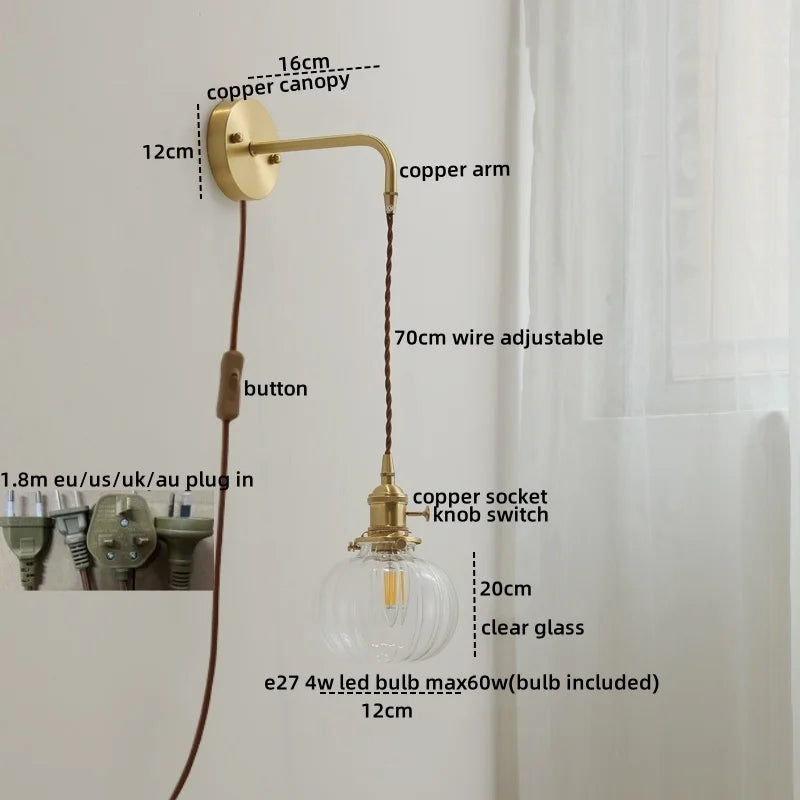 Afralia™ Glass Copper LED Wall Lights with Knob Switch, Modern Bedside Lamp