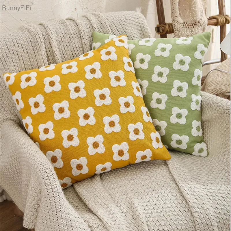 Afralia™ Floral Embroidery Pillow Cover Green Flowers Home Decor Sofa Cushion Bedding