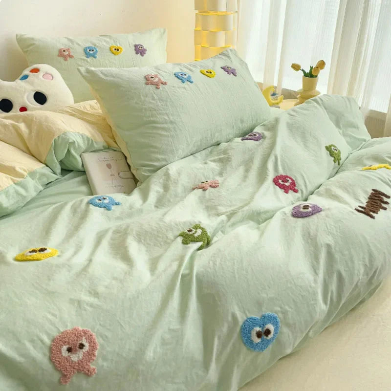 Afralia™ Cartoon Towel Embroidery Bedding Set in Soft Washed Cotton for Kids