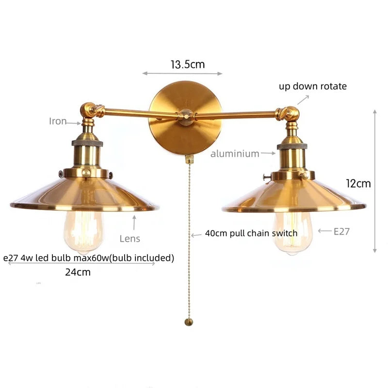 Afralia™ Industrial Vintage Double Heads LED Wall Light for Coffee Reading, Plug In Bedside Lamp