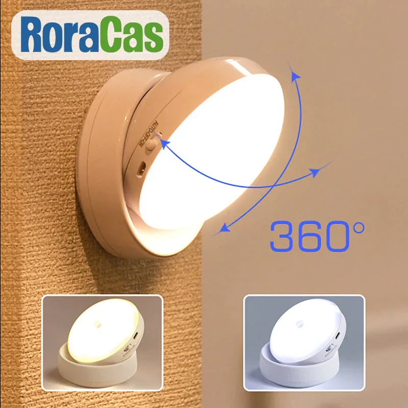 Afralia™ Motion Sensor Night Light 360° Rotate LED USB Wall Lamp for Home Closets