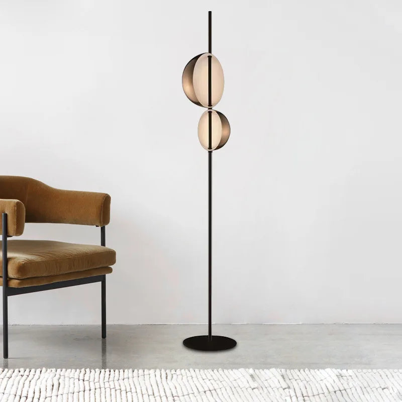 Afralia™ Superluna Double Lampshade LED Floor Lamp - Black Gold Living Room Standing Light