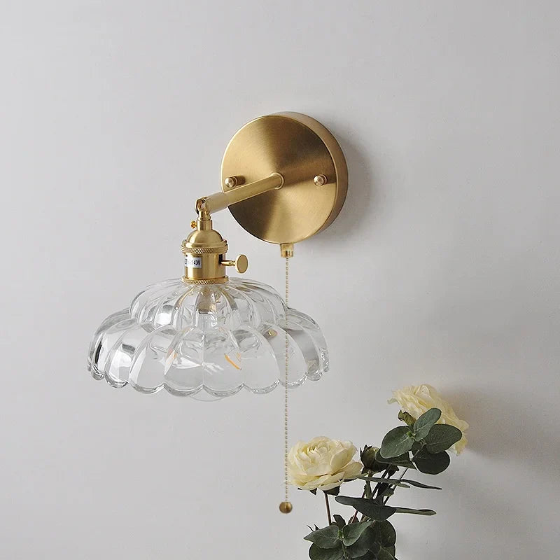 Afralia™ Nordic LED Wall Lights Pull Chain Clear Glass Rotate Copper Bedside Lamp