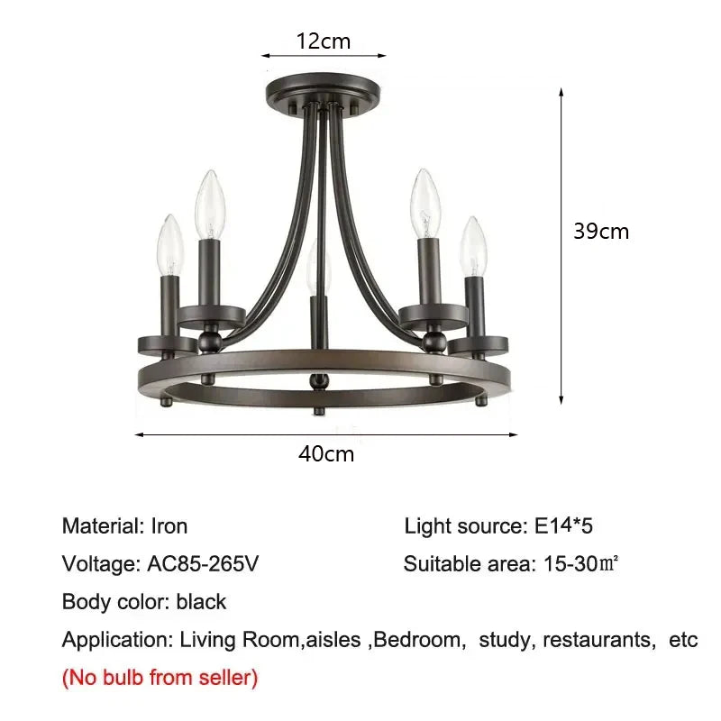 Afralia™ Retro Black Iron Art Chandelier Candle Living Room Ceiling Light