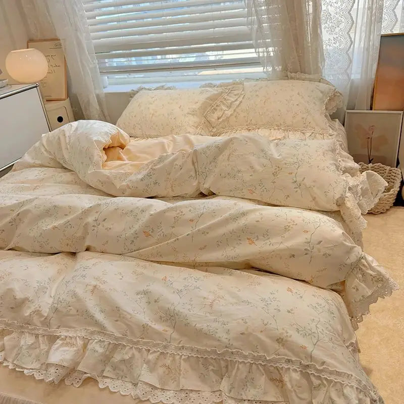 Afralia™ Princess Style Lace Ruffles Bedding Set - 100% Cotton, 3/4Pcs, Korean Design