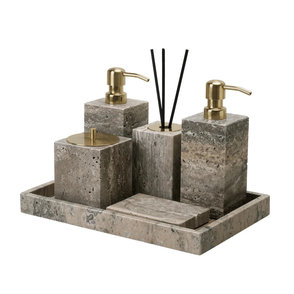 Afralia™ Travertino Marble Bathroom Set - Soap Holder, Dispenser, Vanity Tray - Vintage Style