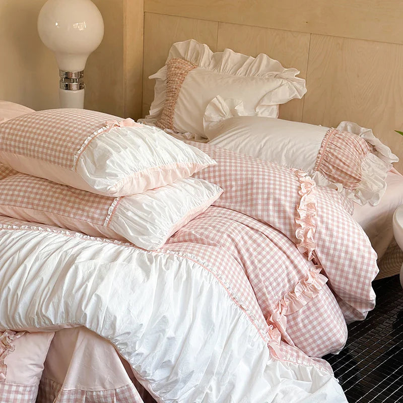 Afralia™ Checkered Ruffle Pleat Bedding Set with Bow Decoration