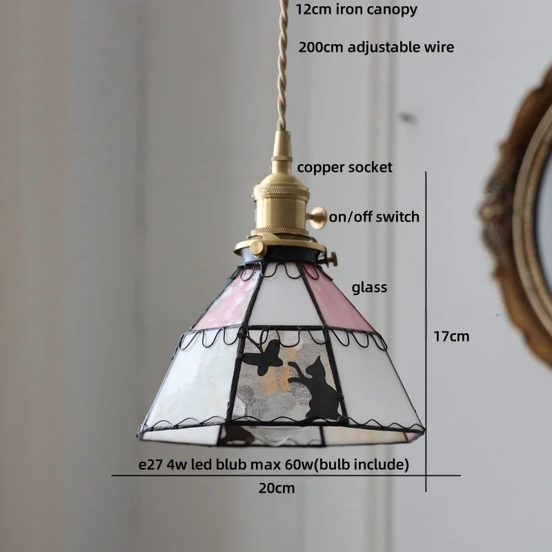 Afralia™ Tiffany Cat Glass LED Pendant Light in Walnut Wood Finish