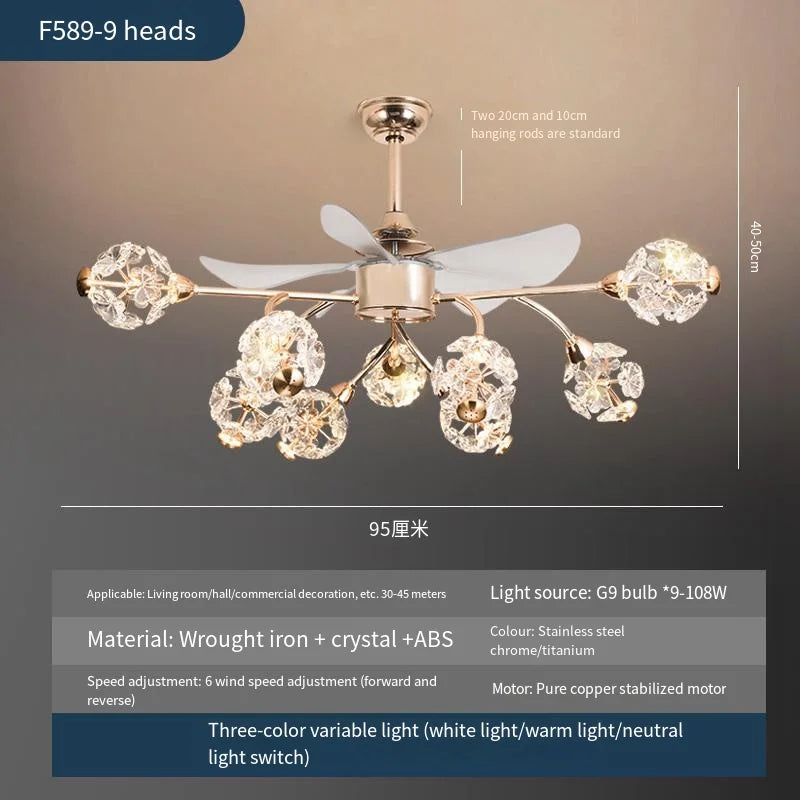 Afralia™ Crystal Chandelier Ceiling Fan with LED Light and Retractable Blades