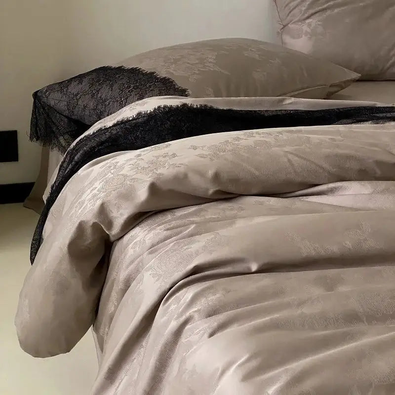 Afralia™ Silky Egyptian Cotton Lace Edge Bedding Set with Duvet Cover, Sheet & Pillowcases